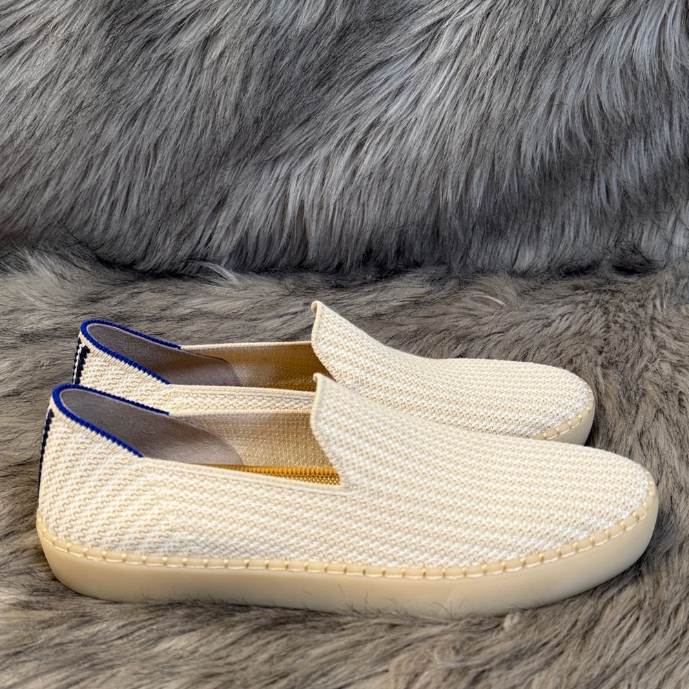 Rothy's Cream Woven Slip-On Flats with Blue Trim
